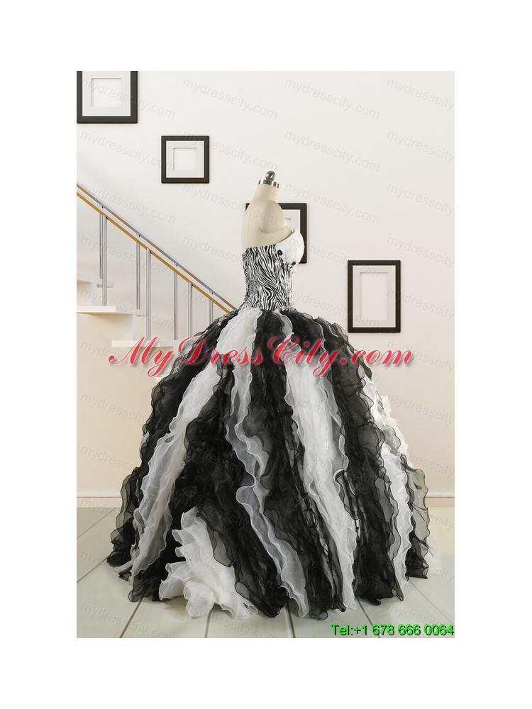 2015 Black and White Sweetheart Dress for Quinceanera with Ruffles