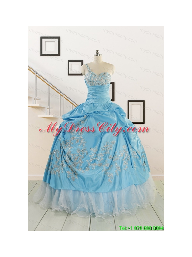 2015 Pretty One Shoulder Appliques Quinceanera Dresses in Aqua Blue