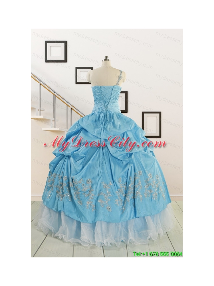 2015 Pretty One Shoulder Appliques Quinceanera Dresses in Aqua Blue