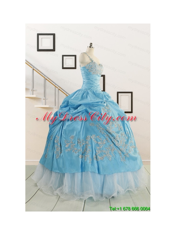 2015 Pretty One Shoulder Appliques Quinceanera Dresses in Aqua Blue