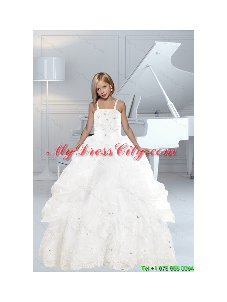 Appliques and Ruffles White delicate Little Girl Pageant Dress with Spaghetti Straps