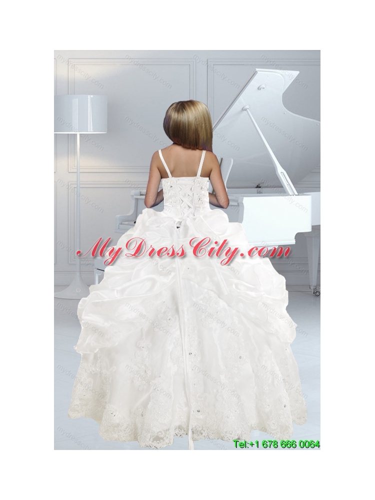 Appliques and Ruffles White delicate Little Girl Pageant Dress with Spaghetti Straps