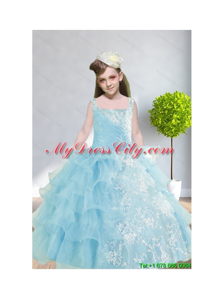 2015 Ball Gown Appliques and Ruffles Baby Bule Little Girl Pageant Dress with Straps