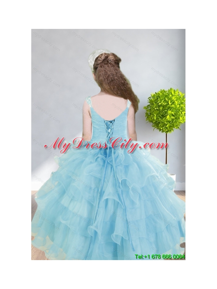 2015 Ball Gown Appliques and Ruffles Baby Bule Little Girl Pageant Dress with Straps