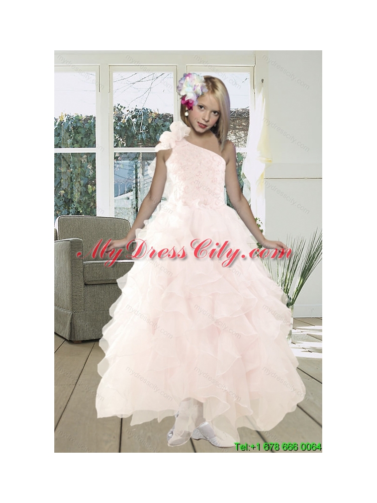 2015 Gorgeous A Line One Shoulder Baby Pink Prom Dress with Beading and Ruffles