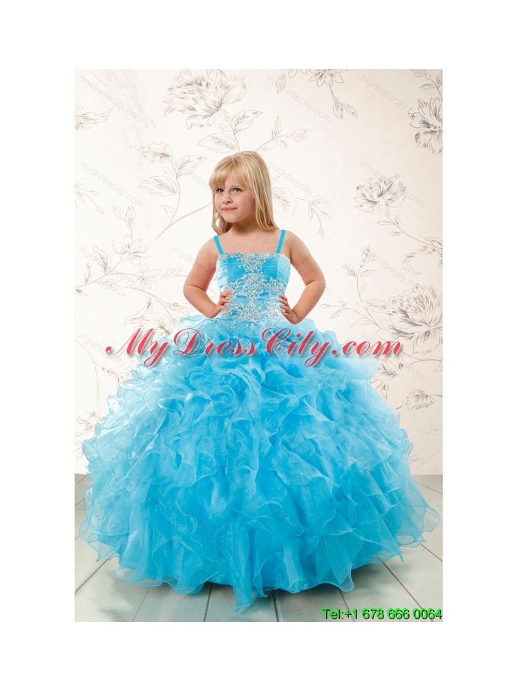 2015 Modest Appliques and Ruffles Aqua Blue Little Girl Pageant Dress