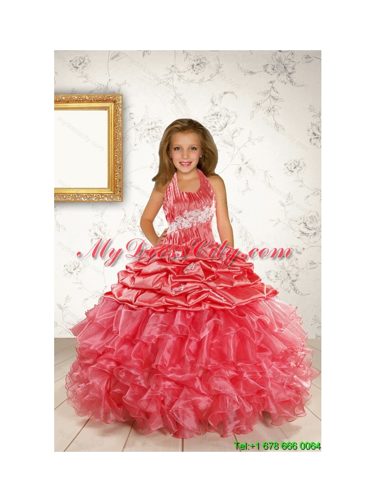 Exquisite Appliques and Ruffles Coral Red Flower Girl Dress for 2015 Spring