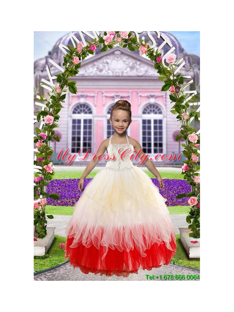 Newest Beading White and Red Little Girl Dress for 2015