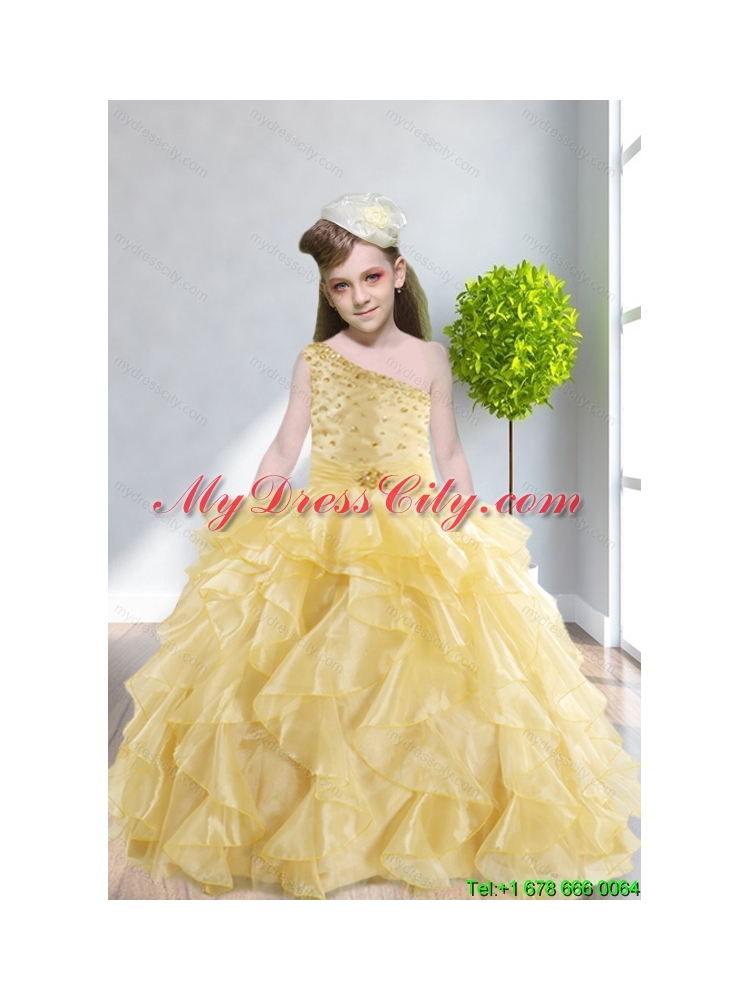 Ruffles and Beading 2015 Popular Little Girl Pageant Dress with One Shoulder