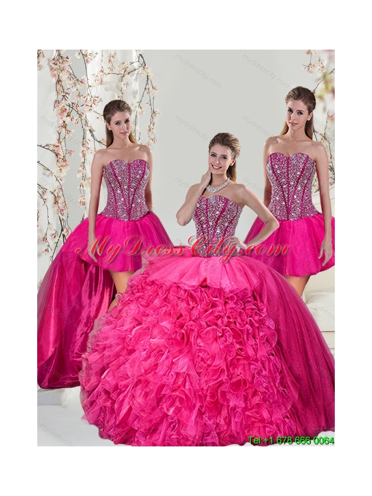 2015 Beautiful and Detachable Hot Pink Sweet 15 Dresses with Beading and Ruffles