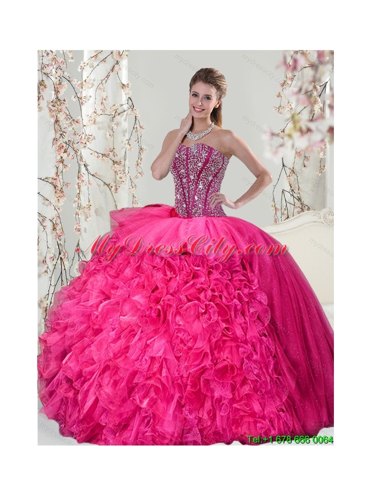 2015 Beautiful and Detachable Hot Pink Sweet 15 Dresses with Beading and Ruffles