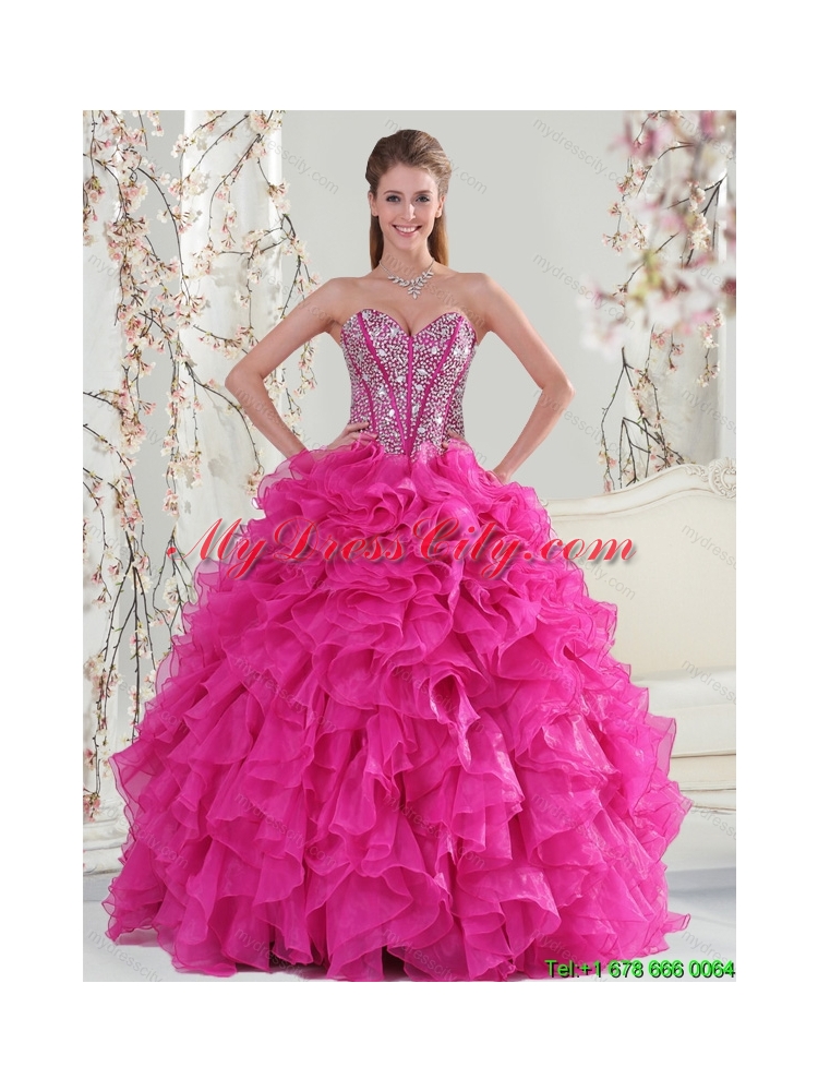 2015 Beautiful and Detachable Hot Pink Sweet 15 Dresses with Beading and Ruffles