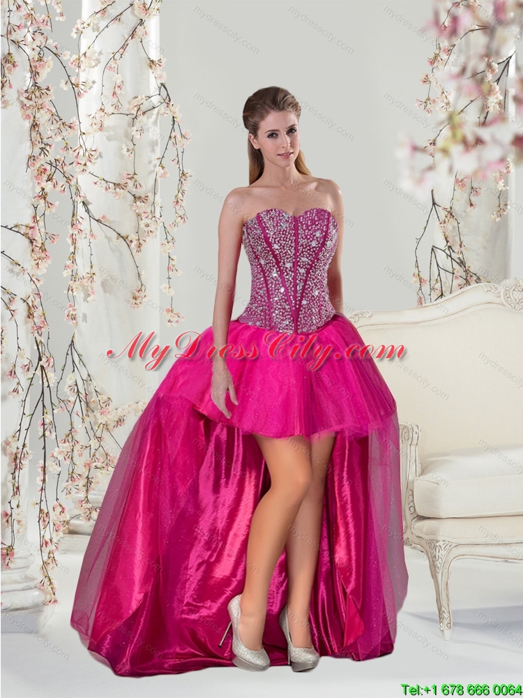 2015 Beautiful and Detachable Hot Pink Sweet 15 Dresses with Beading and Ruffles