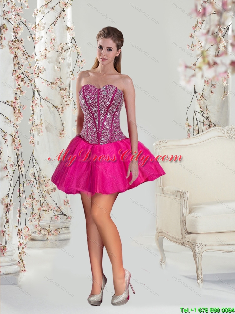 2015 Beautiful and Detachable Hot Pink Sweet 15 Dresses with Beading and Ruffles