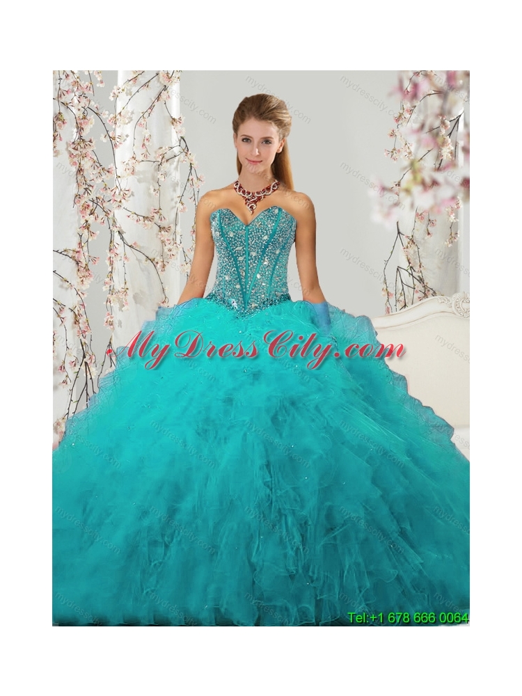 2015 Best Beading and Ruffles Sweet 15 Dresses in Turquoise