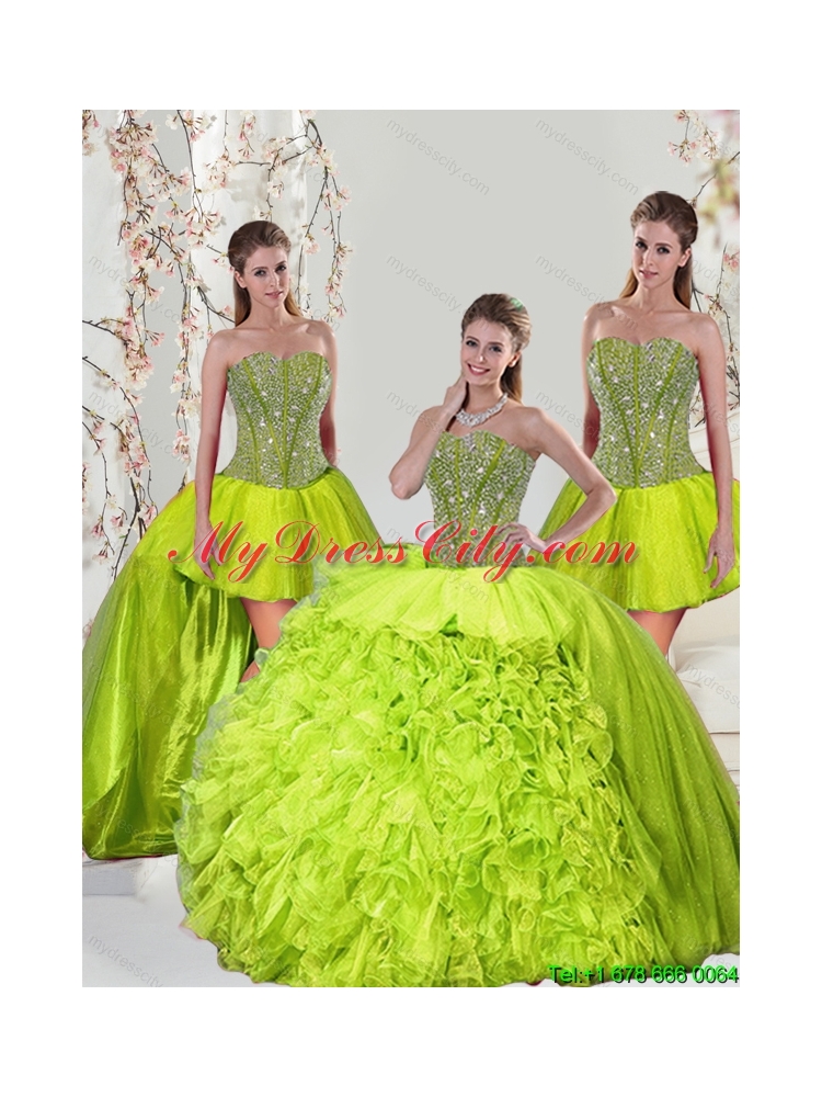 2015 Detachable and Classic Beading and Ruffles Yellow Green Dresses for Quince