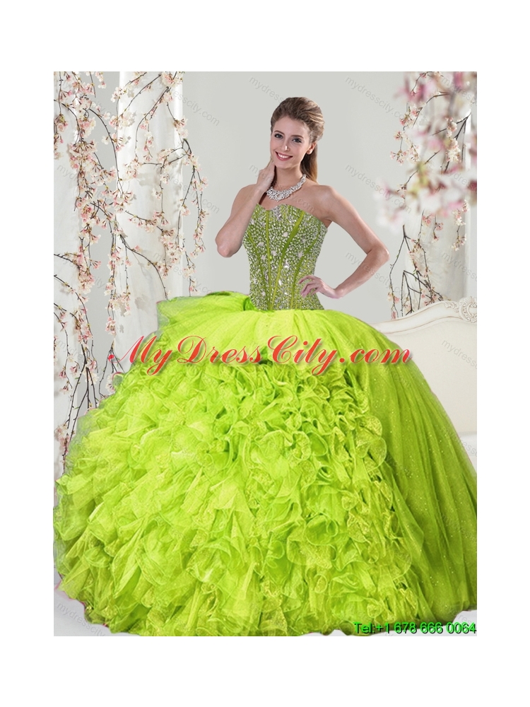 2015 Detachable and Classic Beading and Ruffles Yellow Green Dresses for Quince