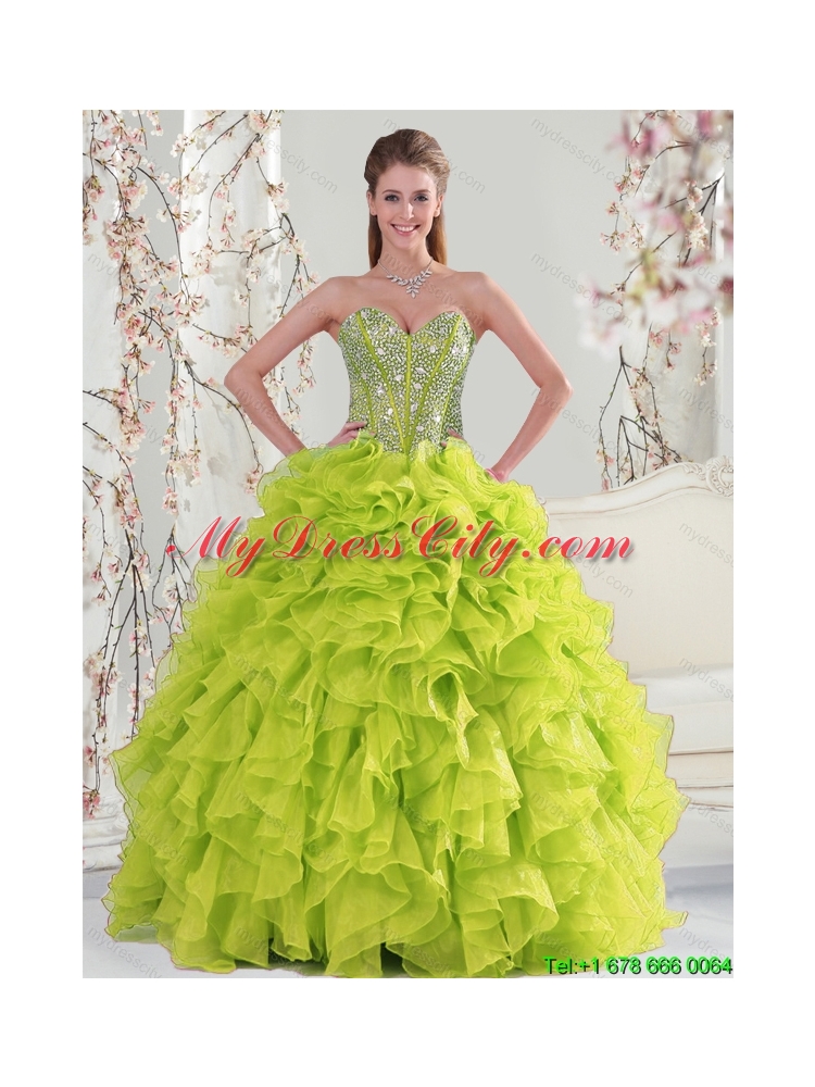 2015 Detachable and Classic Beading and Ruffles Yellow Green Dresses for Quince