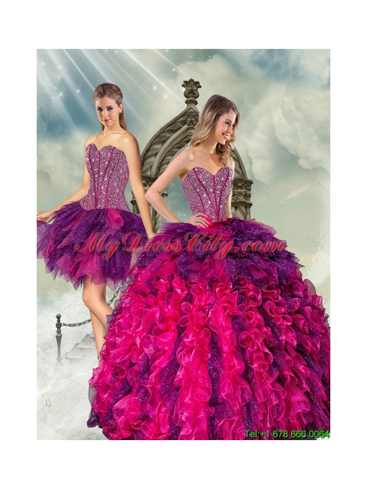 2015 Detachable Multi Color Quince Dresses with Beading and Ruffles