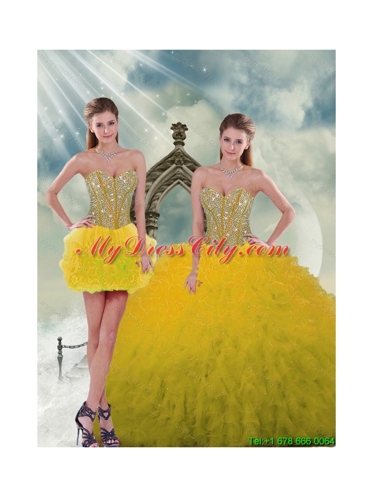 2015  Detachable and Classic Spring Yellow Sweet 15 Dresses with Beading and Ruffles