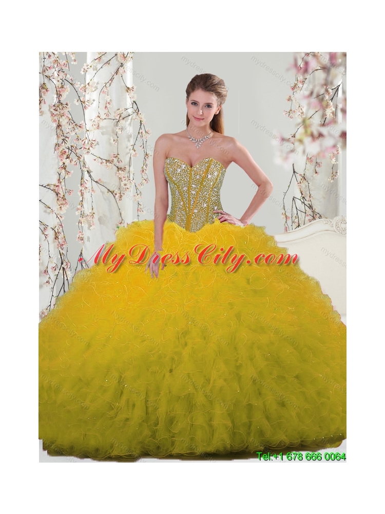 2015  Detachable and Classic Spring Yellow Sweet 15 Dresses with Beading and Ruffles