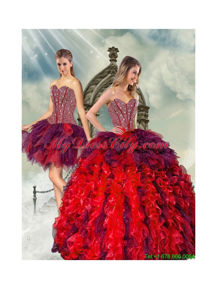 Detachable and Best Beading and Ruffles Multi Color Quince Dresses for 2015