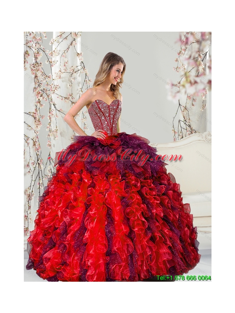 Detachable and Best Beading and Ruffles Multi Color Quince Dresses for 2015