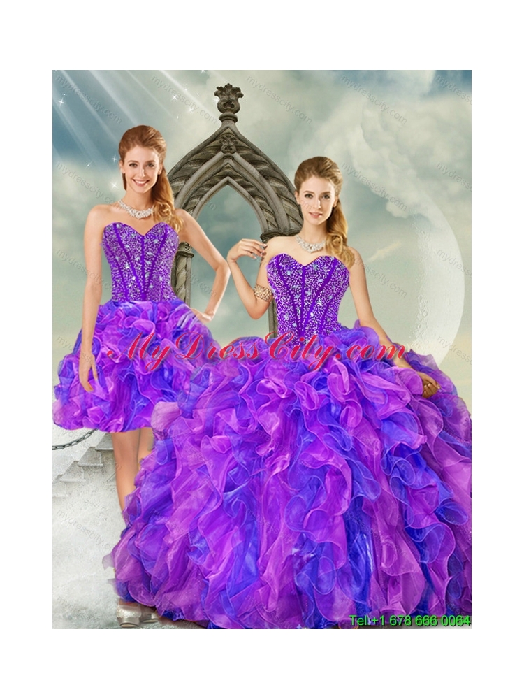 Detachable and Classic Blue and Lavender Dresses for Quince with Beading and Ruffles