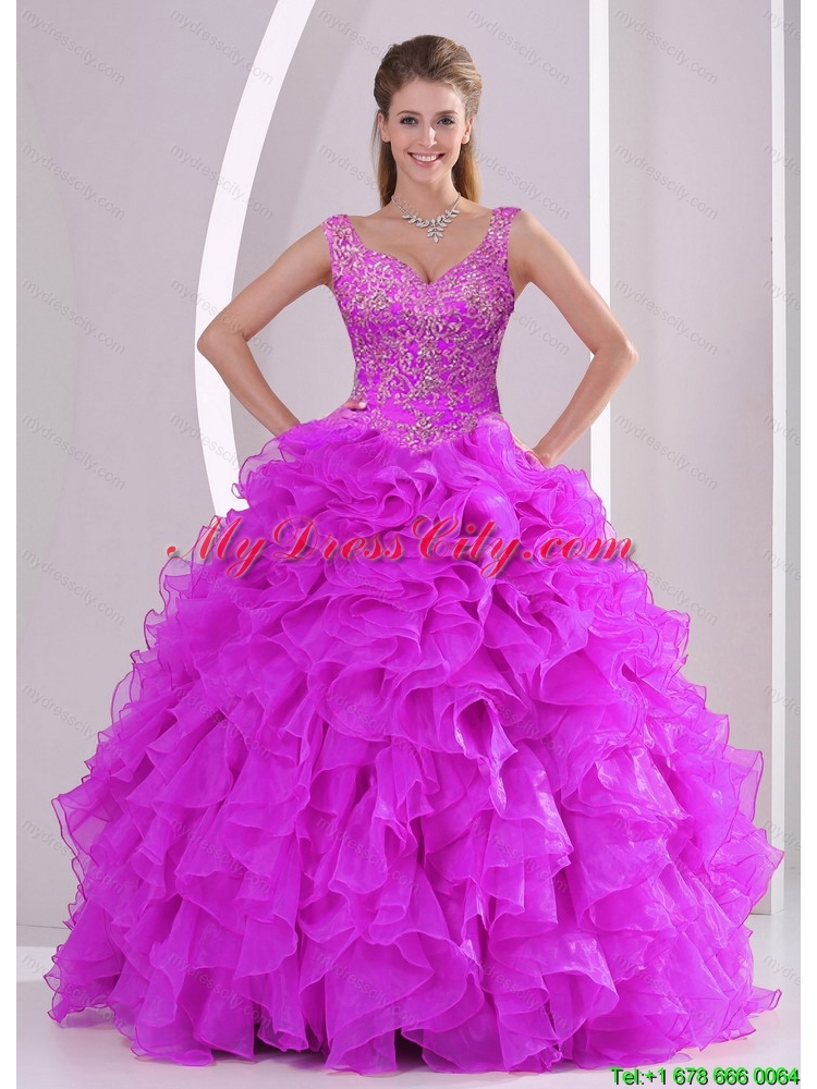 Fashionable and Classic Fuchsia Quince Dresses with Beading and Ruffles