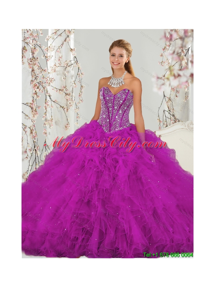 Luxurious Beading and Ruffles Fuchsia Sweet 16 Dresses for 2015