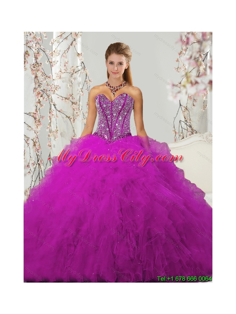 Luxurious Beading and Ruffles Fuchsia Sweet 16 Dresses for 2015