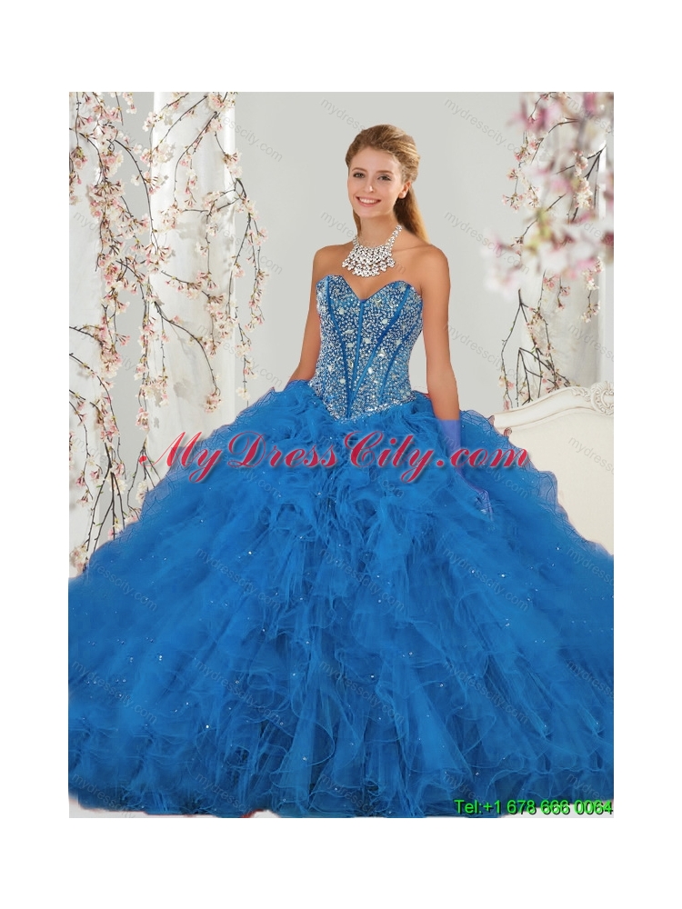 2015 Affordable and Elegant Beading and Ruffles Aqua Blue Quince Dresses