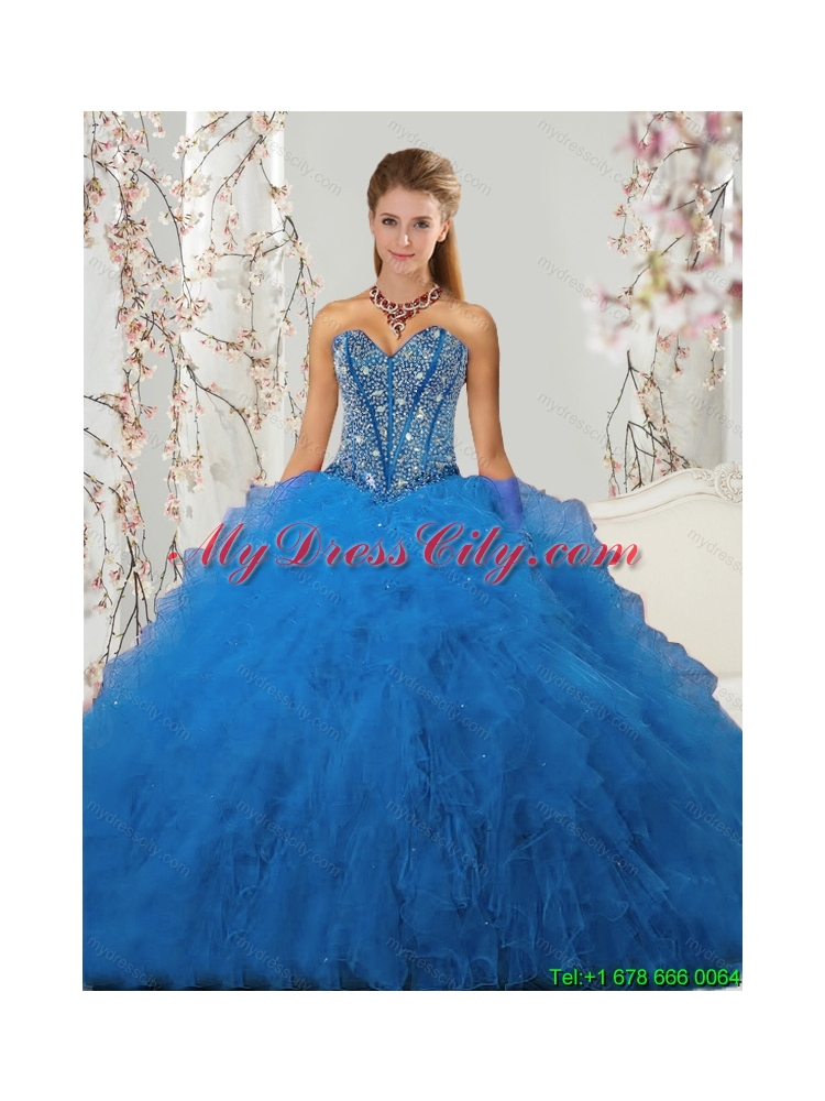 2015 Affordable and Elegant Beading and Ruffles Aqua Blue Quince Dresses