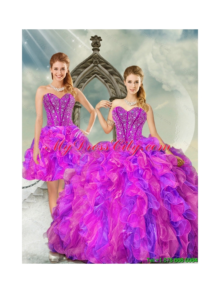 2015 Detachable and Latest Fuchsia and Lavender Quince Dresses with Beading and Ruffles