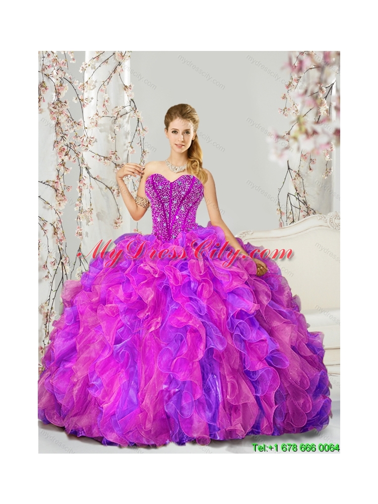 2015 Detachable and Latest Fuchsia and Lavender Quince Dresses with Beading and Ruffles