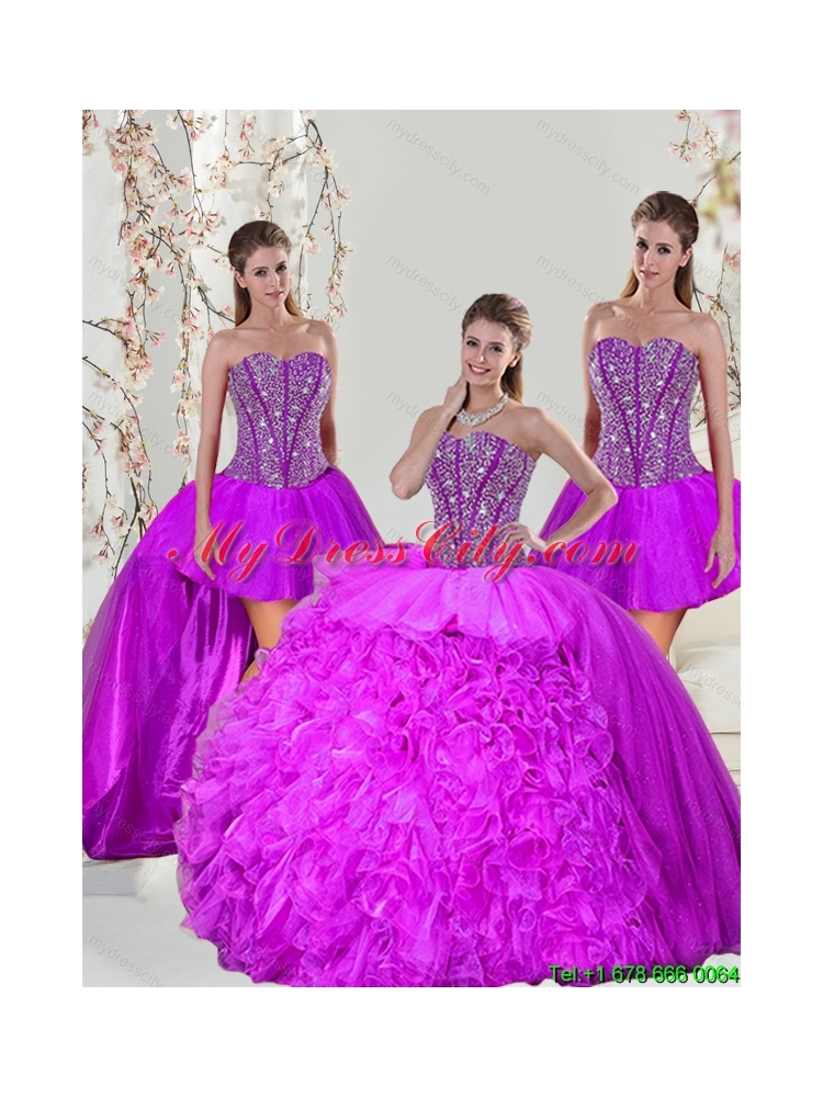 2015 Detachable and Pretty Beading and Ruffles Fuchsia Sweet 16 Dresses