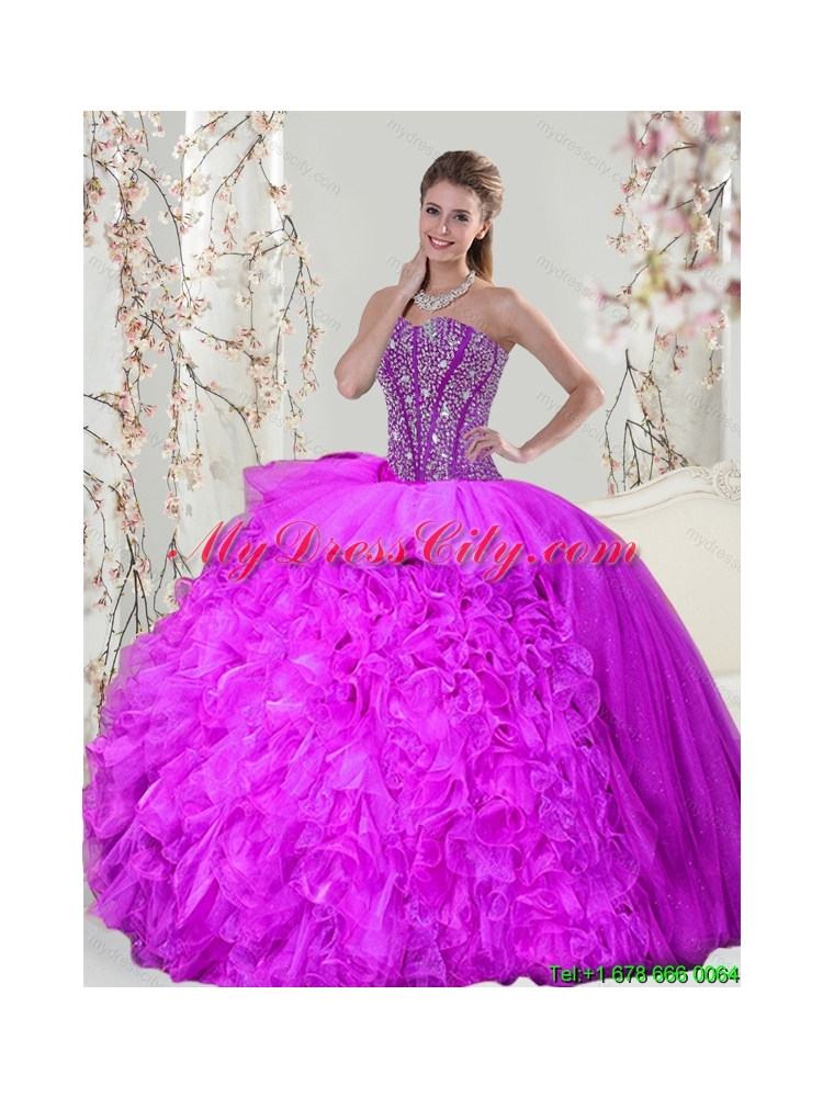 2015 Detachable and Pretty Beading and Ruffles Fuchsia Sweet 16 Dresses