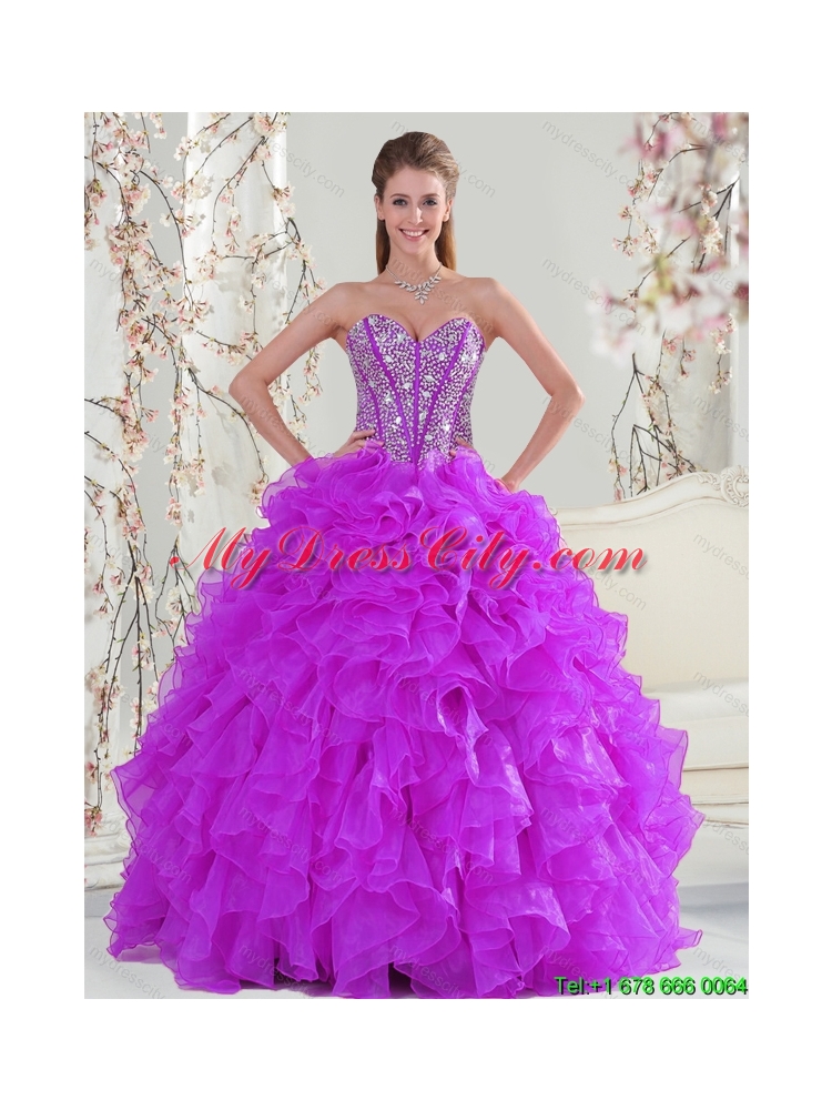 2015 Detachable and Pretty Beading and Ruffles Fuchsia Sweet 16 Dresses