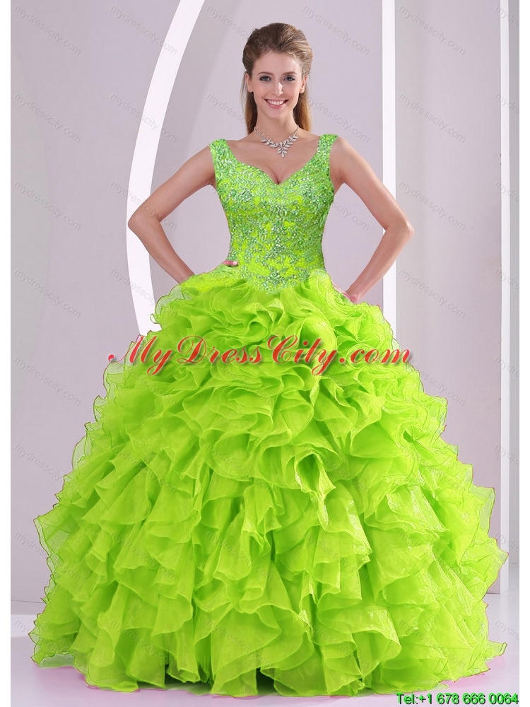 Designer Beading and Ruffles Quince Dresses in Green