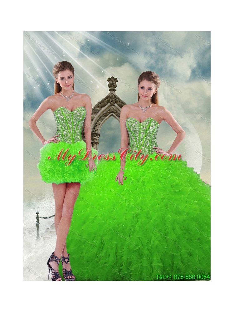 Detachable and Elegant Beading and Ruffles Spring Green Dresses For Quinceanera