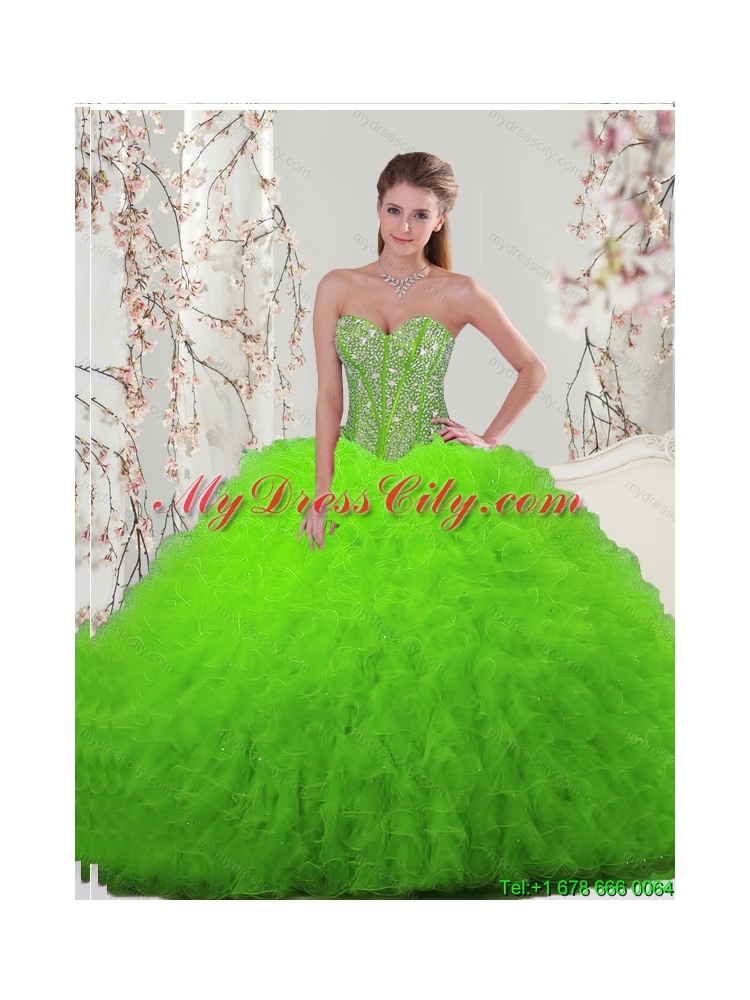 Detachable and Elegant Beading and Ruffles Spring Green Dresses For Quinceanera