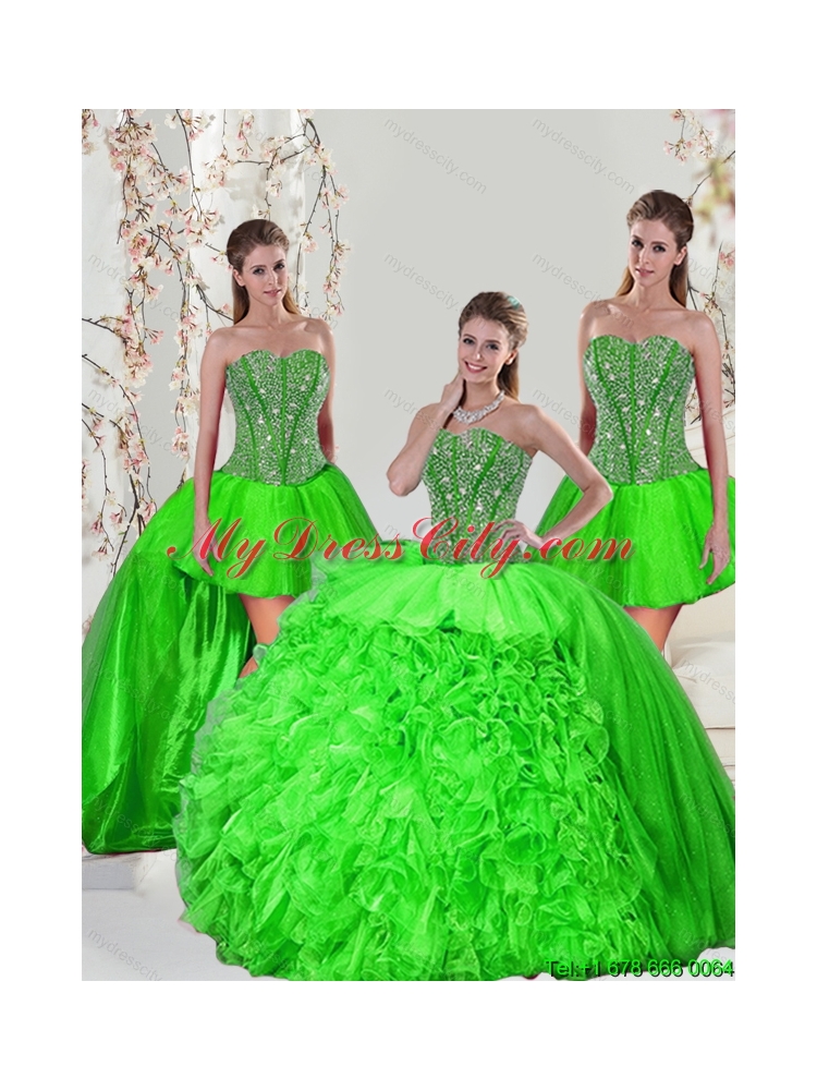 Detachable and Latest Beading and Ruffles Quince Dresses in Spring Green for 2015