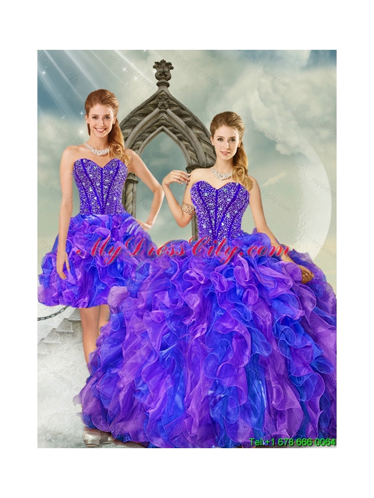 Detachable and Unique Beading and Ruffles Quince Dresses in Purple and Blue for 2015