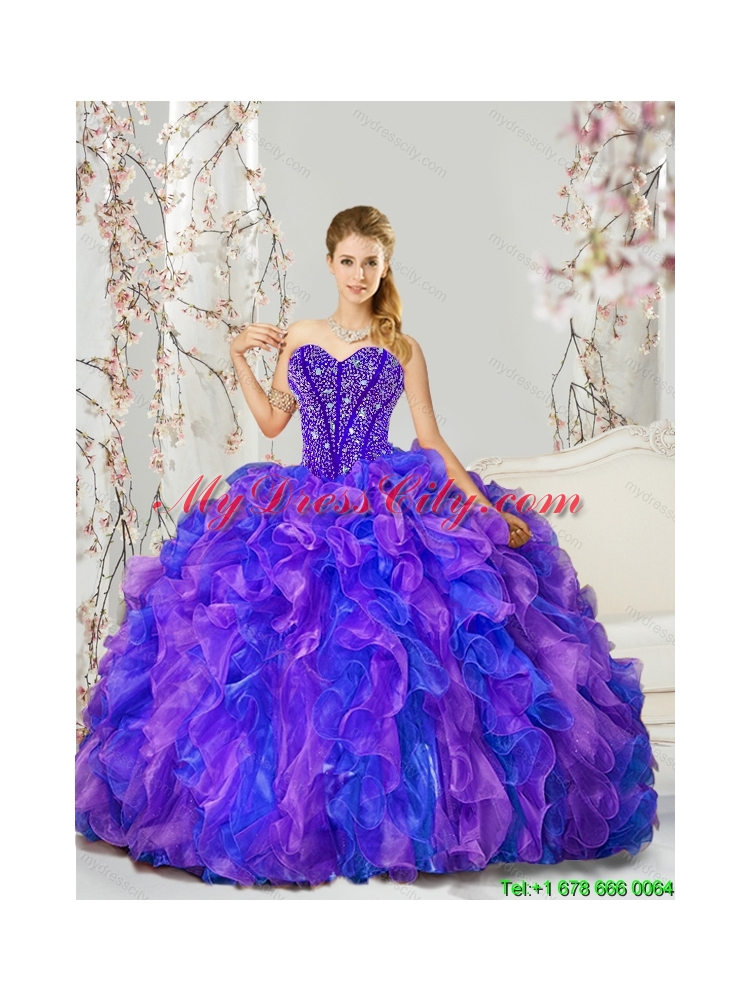 Detachable and Unique Beading and Ruffles Quince Dresses in Purple and Blue for 2015