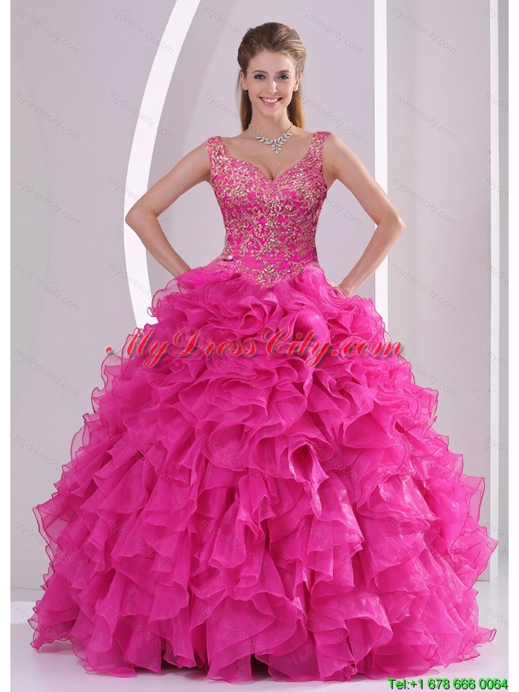 Elegant Hot Pink Quince Dresses with Beading and Ruffles for 2015