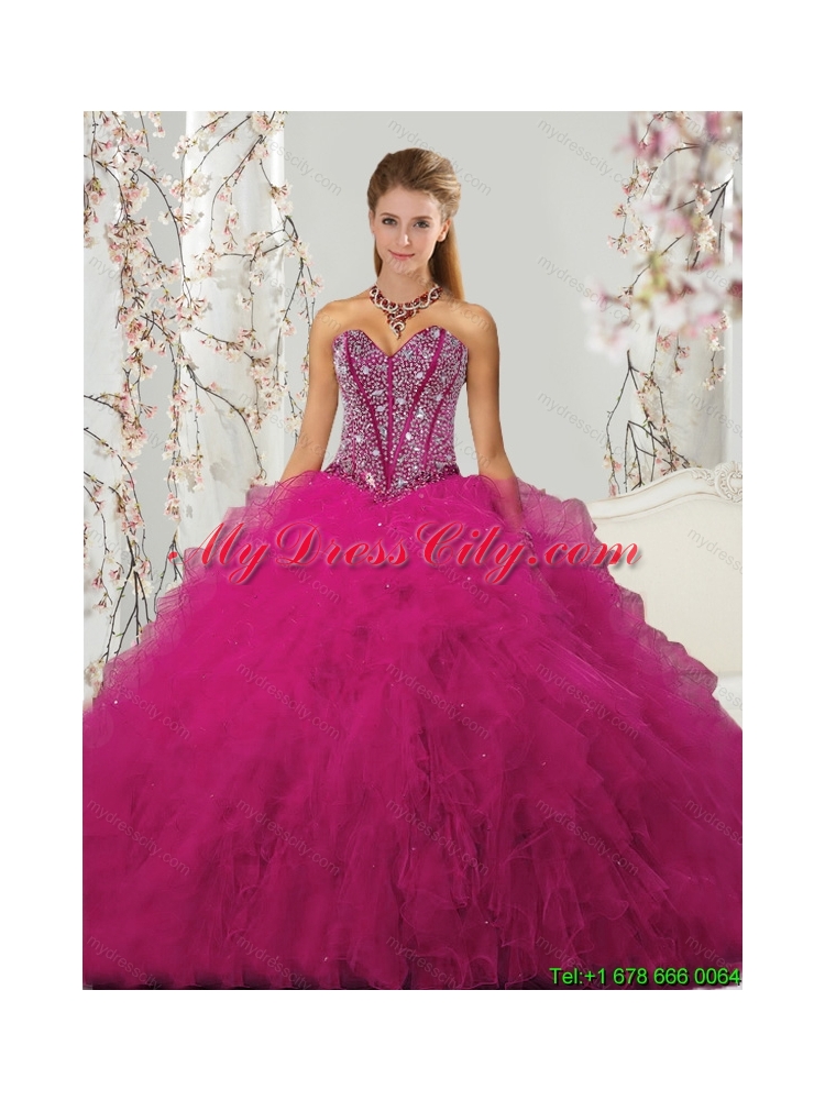 Unique and Pretty Beading and Ruffles Dresses for Quince in Fuchsia for 2015