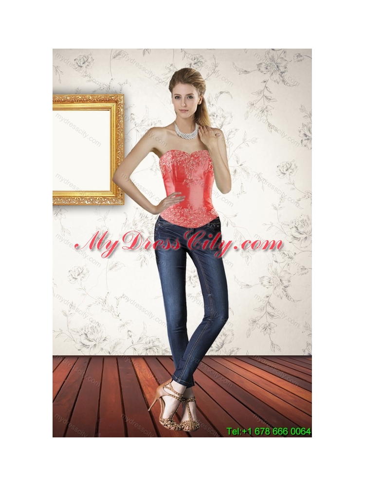 2015 New Style Strapless Coral Red Corset with Embroidery