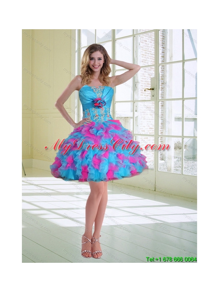 2015 Ball Gown Strapless Ruffled Prom Dresses with Hand Made Flower