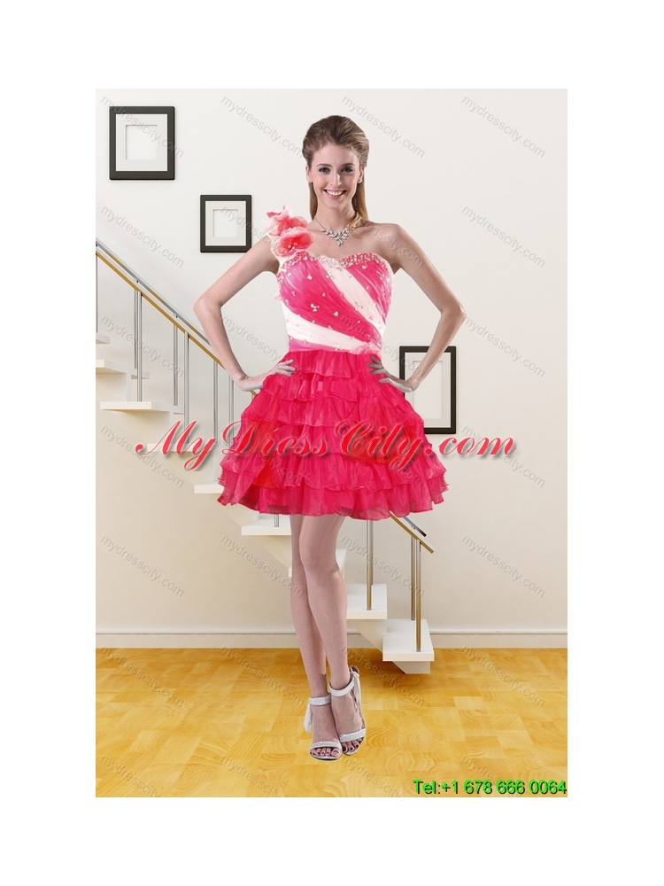 2015  One Shoulder Prom Gown with Ruffled Layers and Hand Made Flower