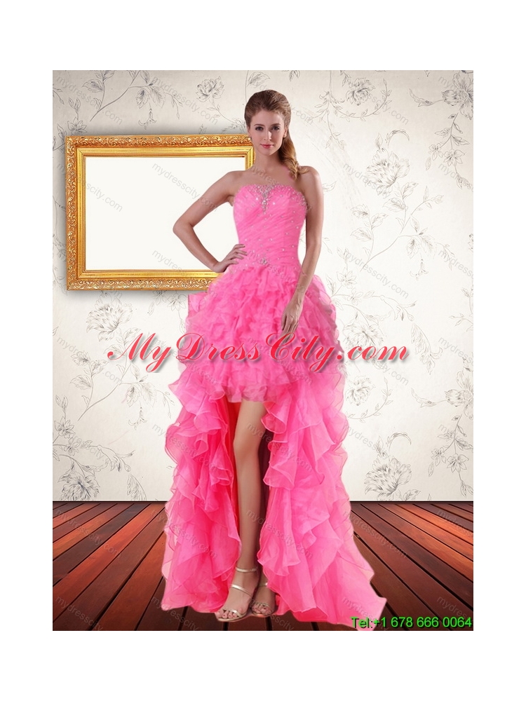 2015 Perfect Baby Pink Strapless Prom Dreses with Beading and Ruffled Layers